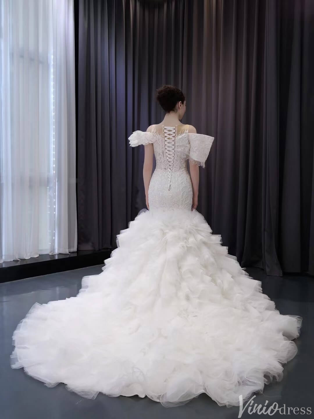 Luxury Beaded Lace Mermaid Wedding Dresses Removable Ruffle Skirt Bridal Gown 241016-wedding dresses 2025 -Viniodress-Ivory-Custom Size-