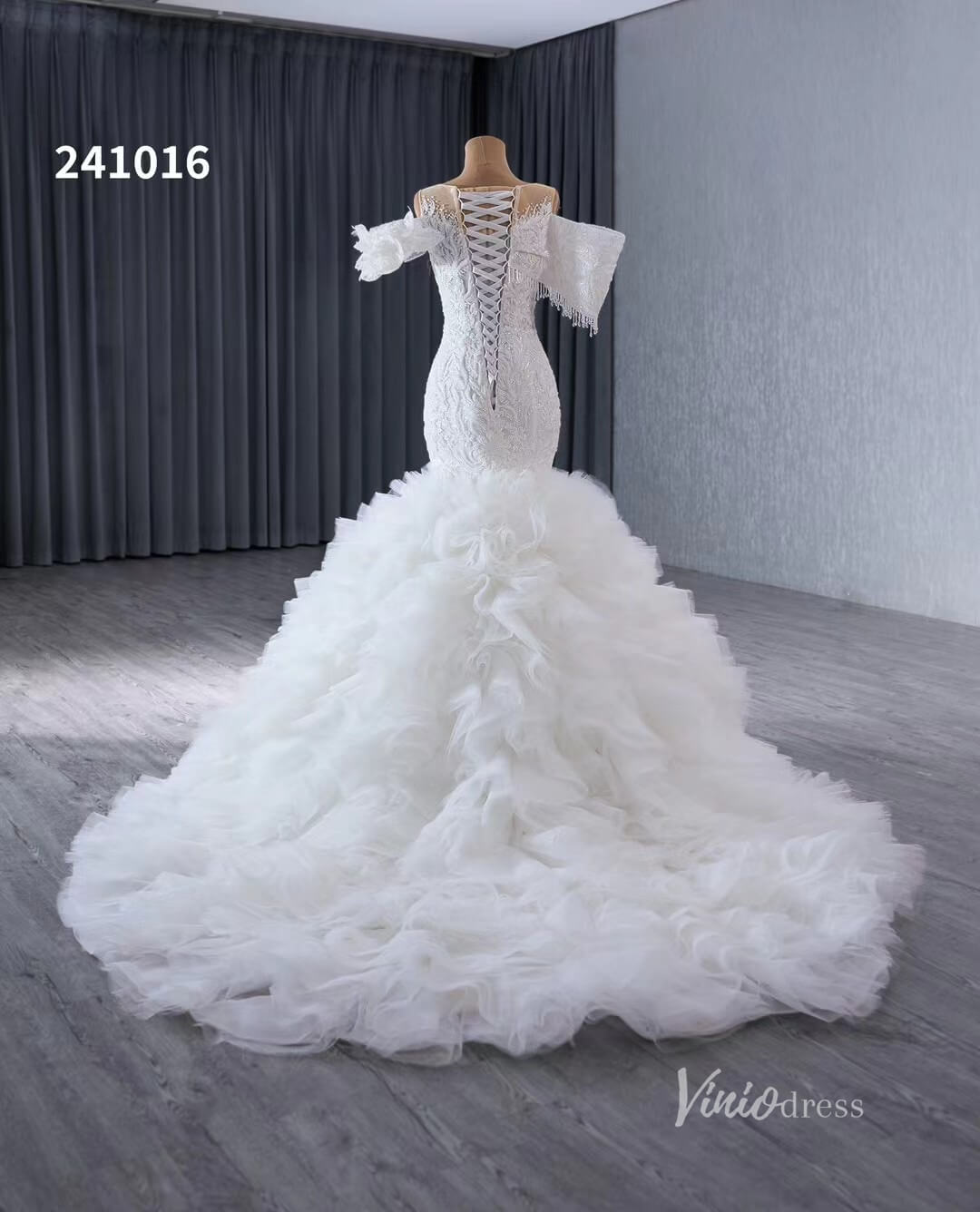 Luxury Beaded Lace Mermaid Wedding Dresses Removable Ruffle Skirt Bridal Gown 241016-wedding dresses 2025 -Viniodress-Ivory-Custom Size-