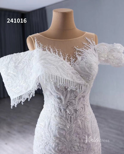 Luxury Beaded Lace Mermaid Wedding Dresses Removable Ruffle Skirt Bridal Gown 241016-wedding dresses 2025 -Viniodress-Ivory-Custom Size-