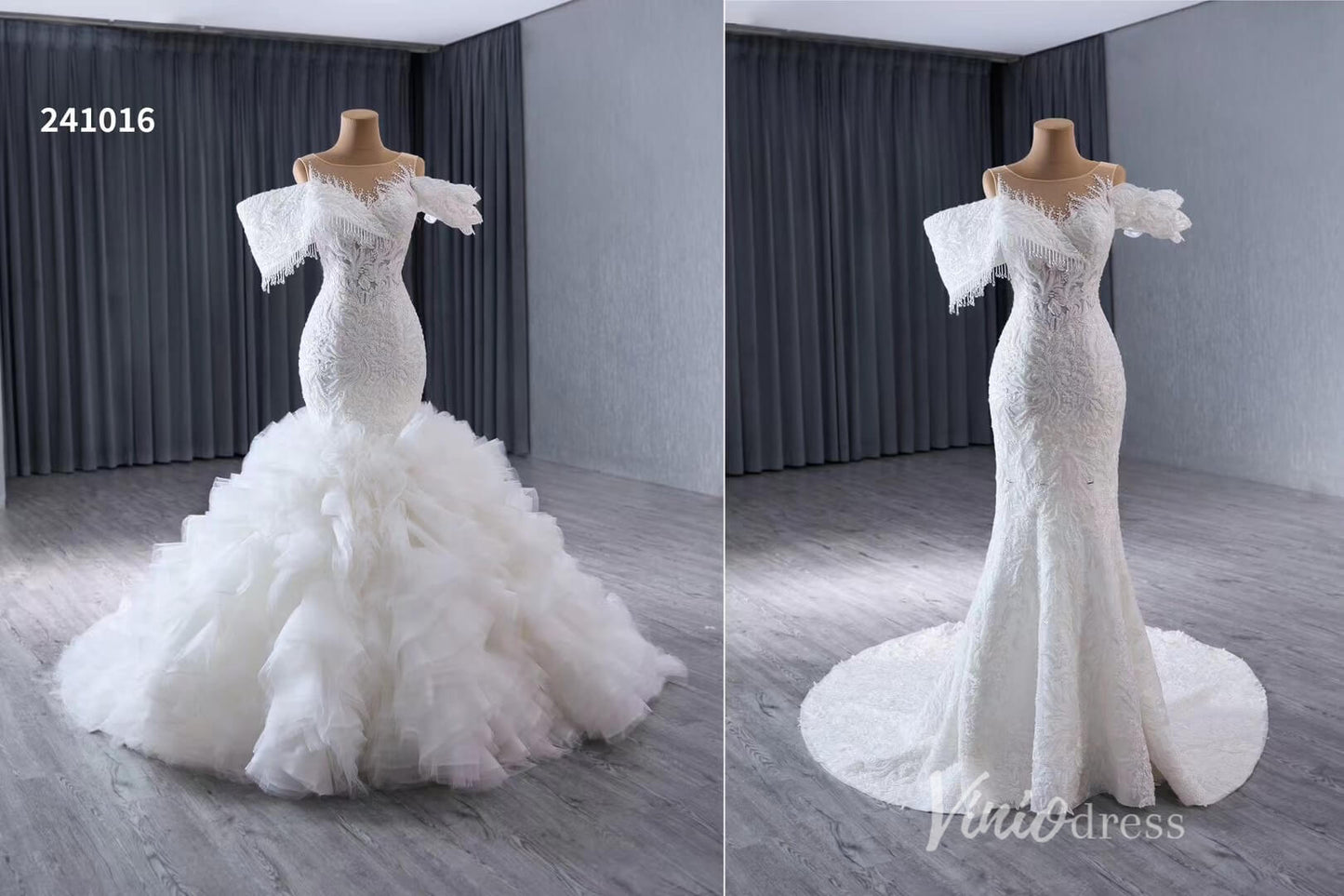 Luxury Beaded Lace Mermaid Wedding Dresses Removable Ruffle Skirt Bridal Gown 241016-wedding dresses 2025 -Viniodress-Ivory-Custom Size-