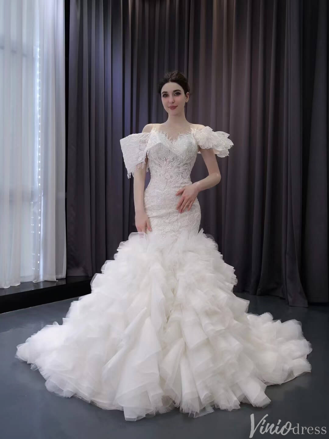 Luxury Beaded Lace Mermaid Wedding Dresses Removable Ruffle Skirt Bridal Gown 241016-wedding dresses 2025 -Viniodress-Ivory-Custom Size-