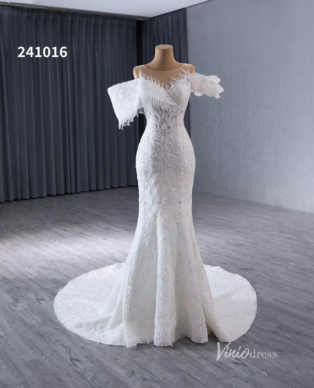 Luxury Beaded Lace Mermaid Wedding Dresses Removable Ruffle Skirt Bridal Gown 241016 - Viniodresswedding dressesIvoryCustom Size - Formal Dresses - Ball Gowns