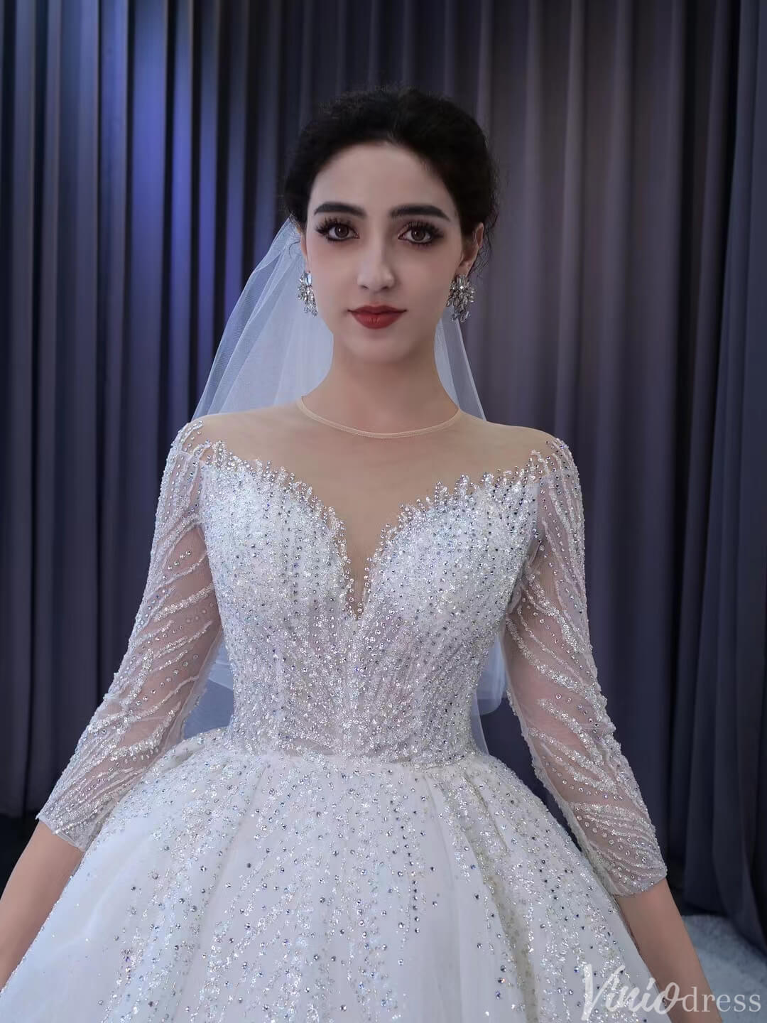 Luxury Beaded Lace Wedding Dresses Long Sleeve Bridal Gown Cathedral Train 231059-wedding dresses 2025 -Viniodress-Ivory-Custom Size-