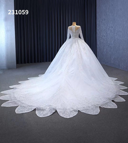Luxury Beaded Lace Wedding Dresses Long Sleeve Bridal Gown Cathedral Train 231059-wedding dresses 2025 -Viniodress-Ivory-Custom Size-