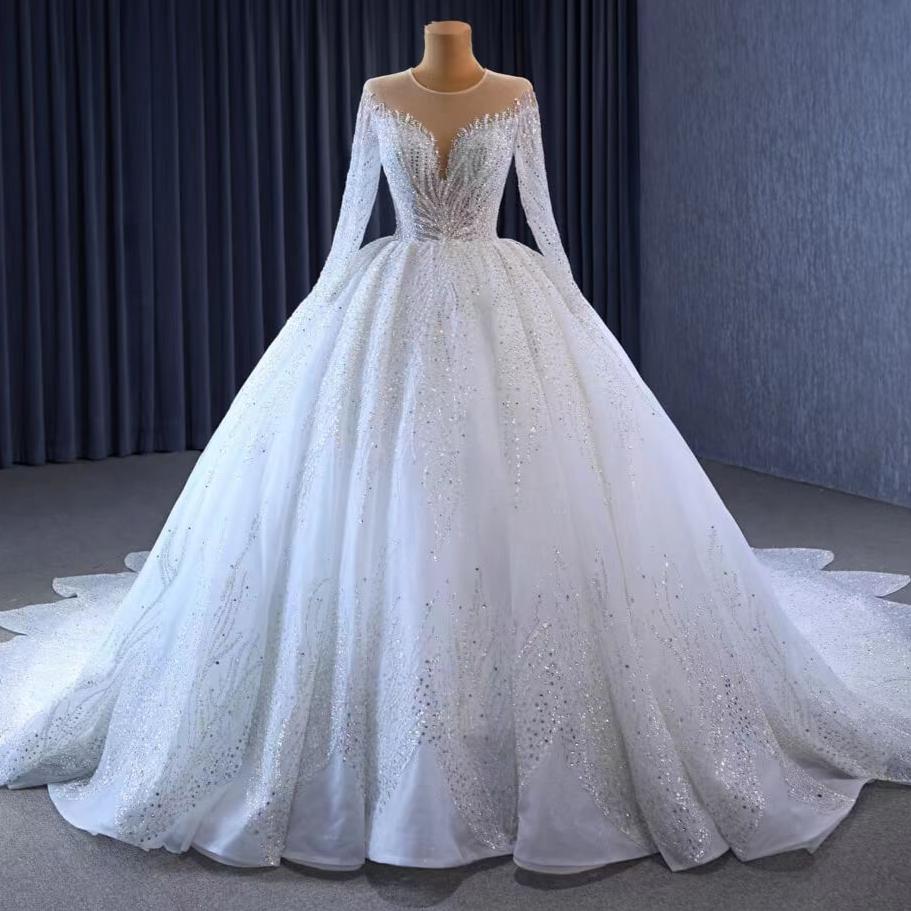 Luxury Beaded Lace Wedding Dresses Long Sleeve Bridal Gown Cathedral Train 231059-wedding dresses 2025 -Viniodress-Ivory-Custom Size-