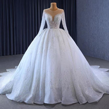 Luxury Beaded Lace Wedding Dresses Long Sleeve Bridal Gown Cathedral Train 231059-wedding dresses 2025 -Viniodress-Ivory-Custom Size-