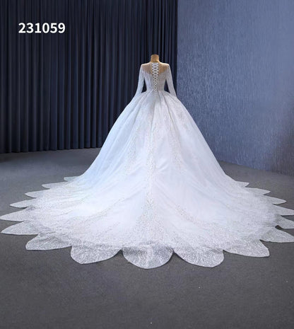 Luxury Beaded Lace Wedding Dresses Long Sleeve Bridal Gown Cathedral Train 231059-wedding dresses 2025 -Viniodress-Ivory-Custom Size-