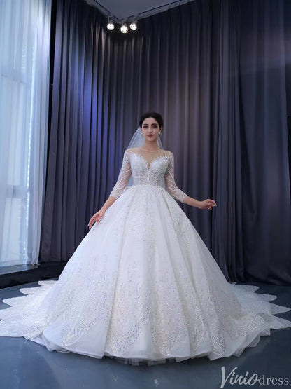 Luxury Beaded Lace Wedding Dresses Long Sleeve Bridal Gown Cathedral Train 231059-wedding dresses 2025 -Viniodress-Ivory-Custom Size-