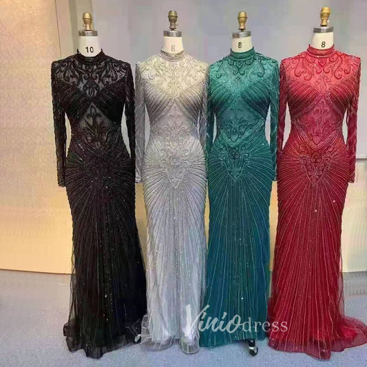 Luxury Beaded Long Sleeve Evening Dresses High Neck Mother of the Bride Dress 20018-Evening Dresses 2025 -Viniodress-As Picture-US 2-