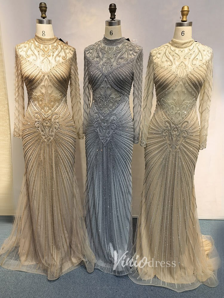 Luxury Beaded Long Sleeve Evening Dresses High Neck Mother of the Bride Dress 20018-Evening Dresses 2025 -Viniodress-As Picture-US 2-