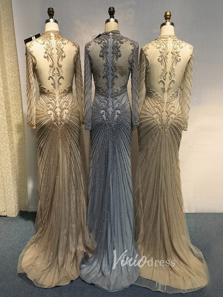 Luxury Beaded Long Sleeve Evening Dresses High Neck Mother of the Bride Dress 20018-Evening Dresses 2025 -Viniodress-As Picture-US 2-