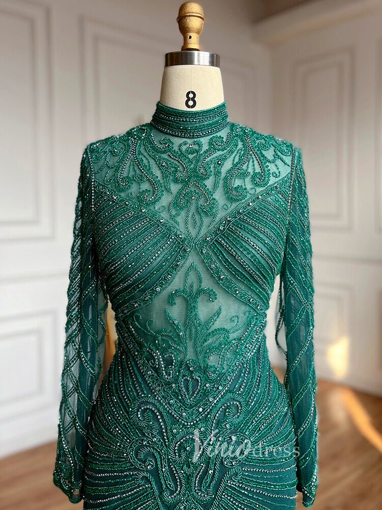 Luxury Beaded Long Sleeve Evening Dresses High Neck Mother of the Bride Dress 20018-Evening Dresses 2025 -Viniodress-As Picture-US 2-