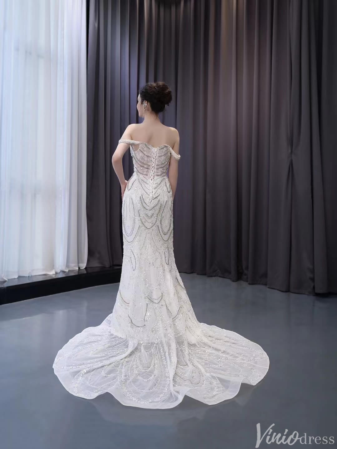 Off-Shoulder Beaded Embroidery Floral Embellished Mermaid Wedding Dress main image 1