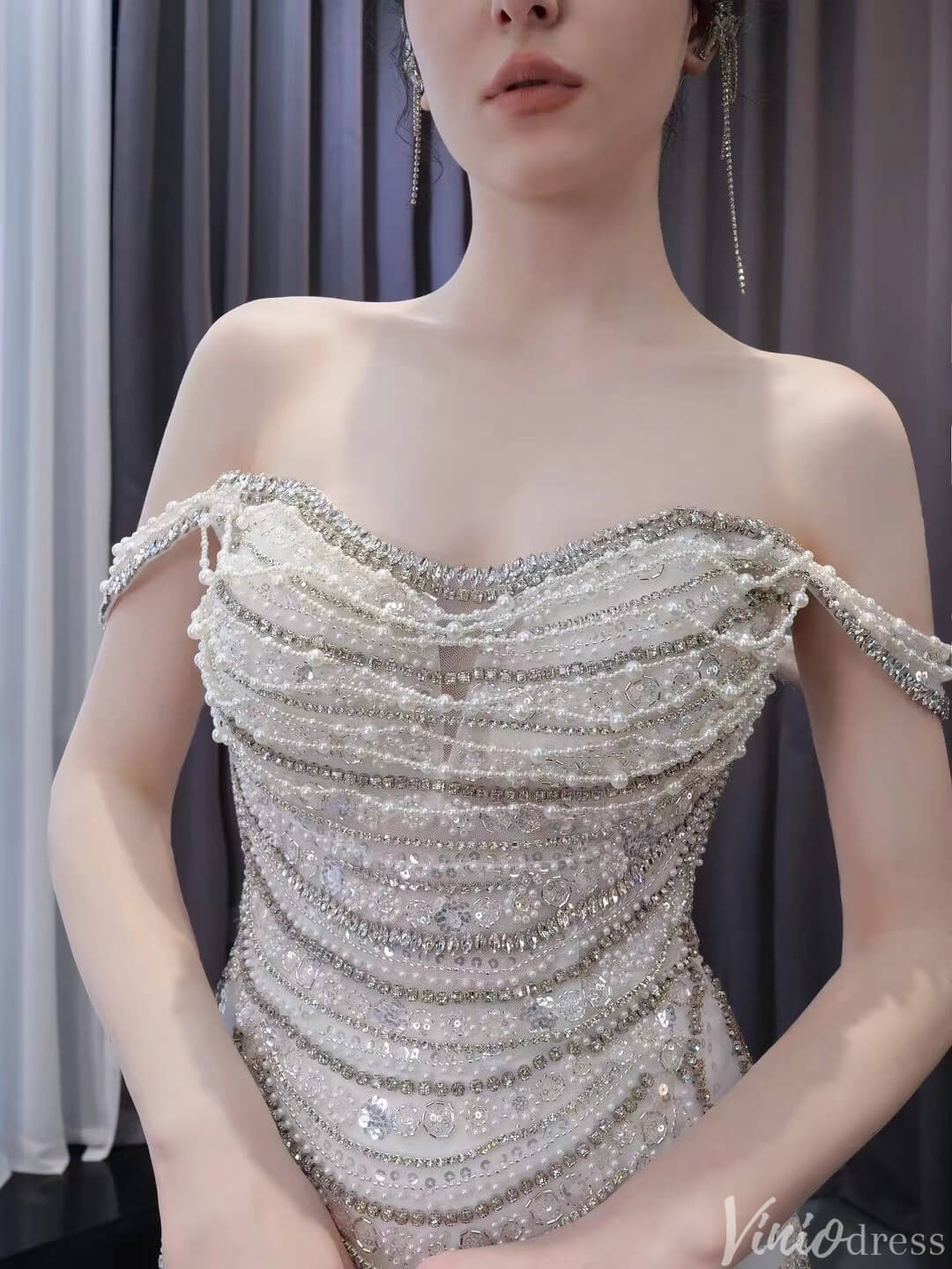 Luxury Beaded Mermaid Wedding Dresses Off the Shoulder 231139-wedding dresses 2025 -Viniodress-Ivory-Custom Size-