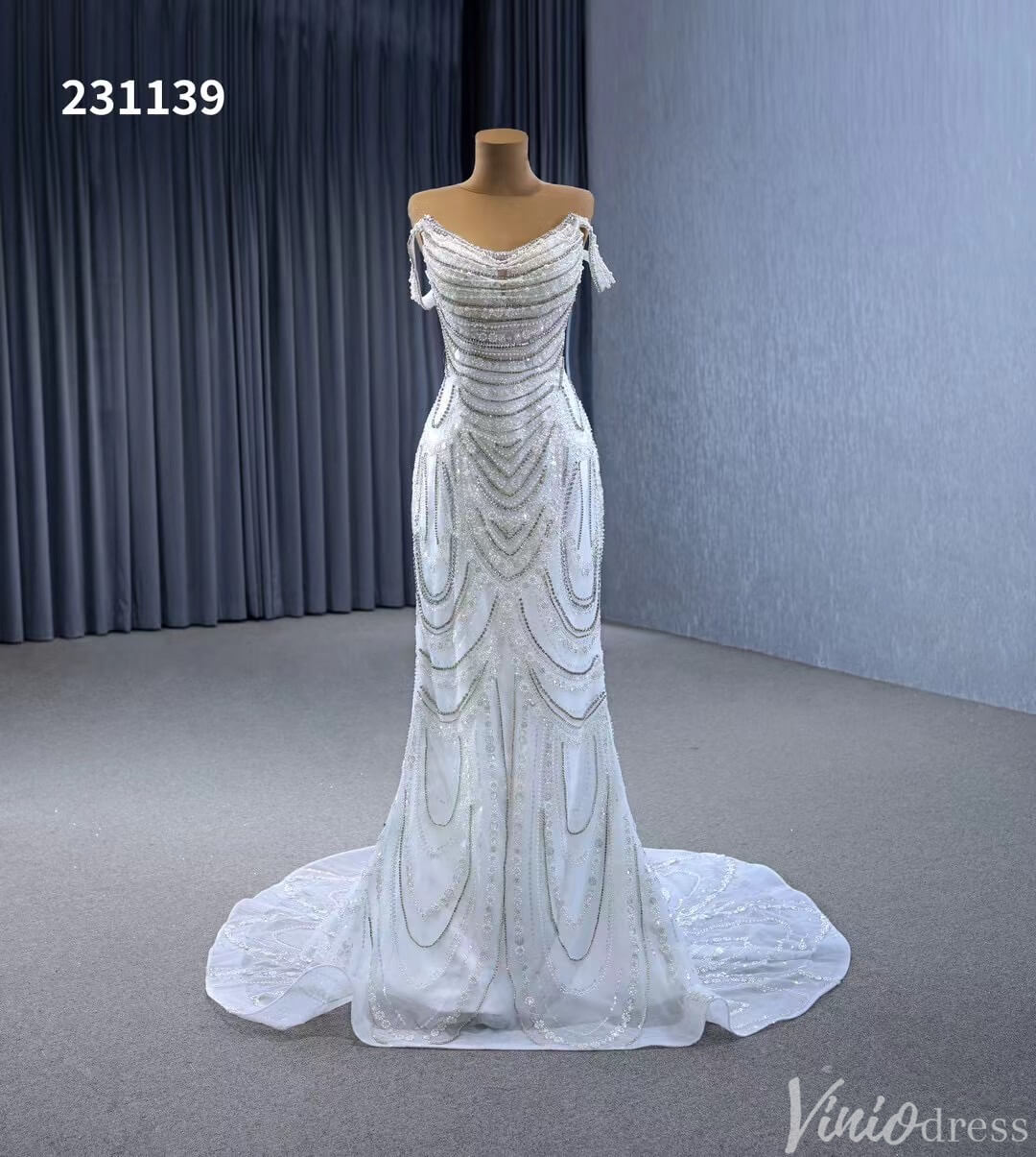 Luxury Beaded Mermaid Wedding Dresses Off the Shoulder 231139-wedding dresses 2025 -Viniodress-Ivory-Custom Size-
