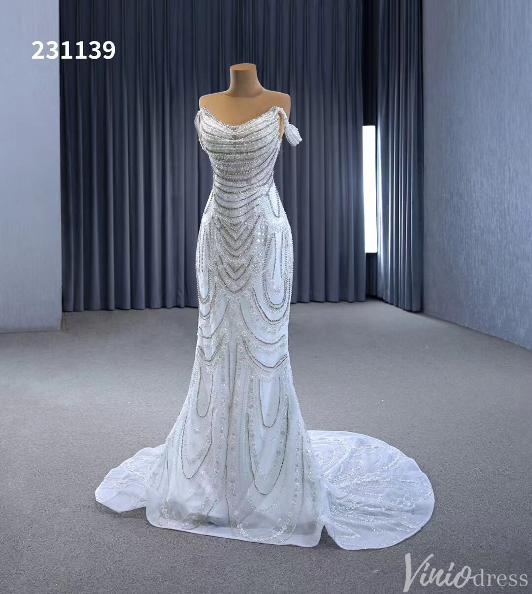 Luxury Beaded Mermaid Wedding Dresses Off the Shoulder 231139-wedding dresses 2025 -Viniodress-Ivory-Custom Size-