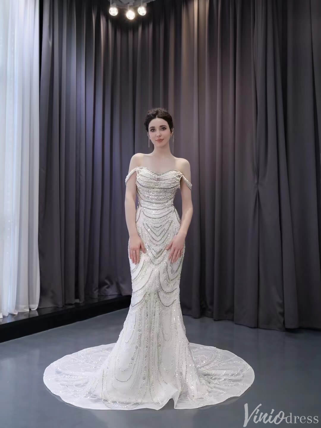 Luxury Beaded Mermaid Wedding Dresses Off the Shoulder 231139-wedding dresses 2025 -Viniodress-Ivory-Custom Size-