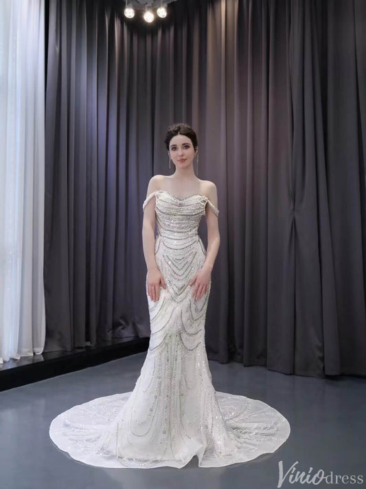 Luxury Beaded Mermaid Wedding Dresses Off the Shoulder 231139-wedding dresses 2025 -Viniodress-Ivory-Custom Size-