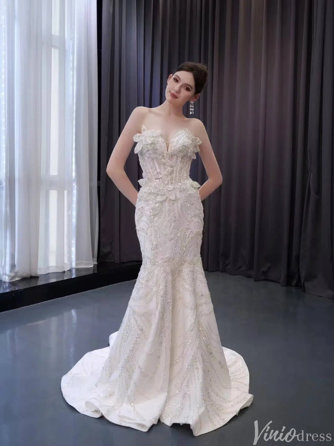 Luxury Beaded Mermaid Wedding Dresses Overskirt Corset Back 241092-wedding dresses 2025 -Viniodress-Ivory-Custom Size-