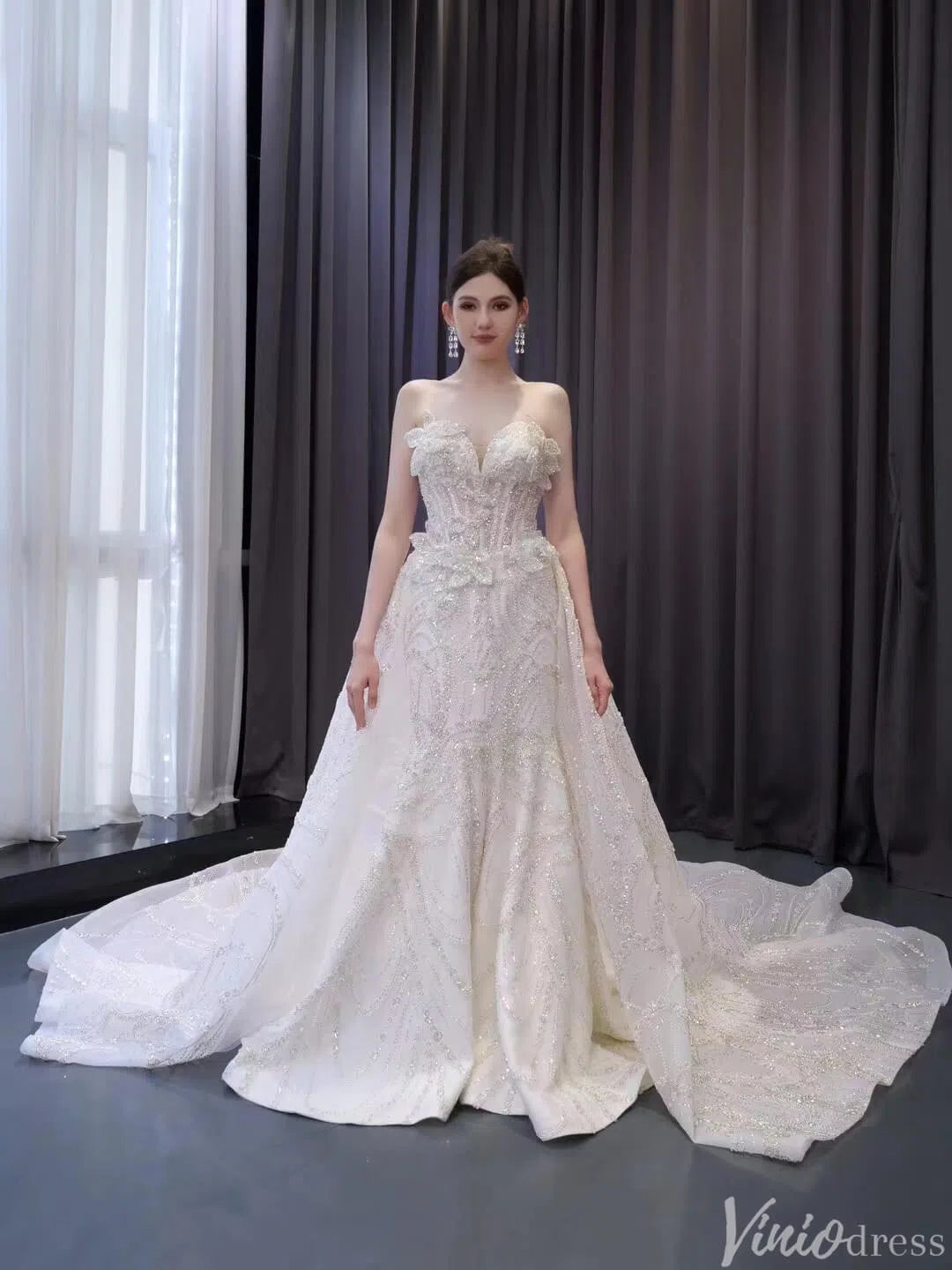 Luxury Beaded Mermaid Wedding Dresses Overskirt Corset Back 241092-wedding dresses 2025 -Viniodress-Ivory-Custom Size-