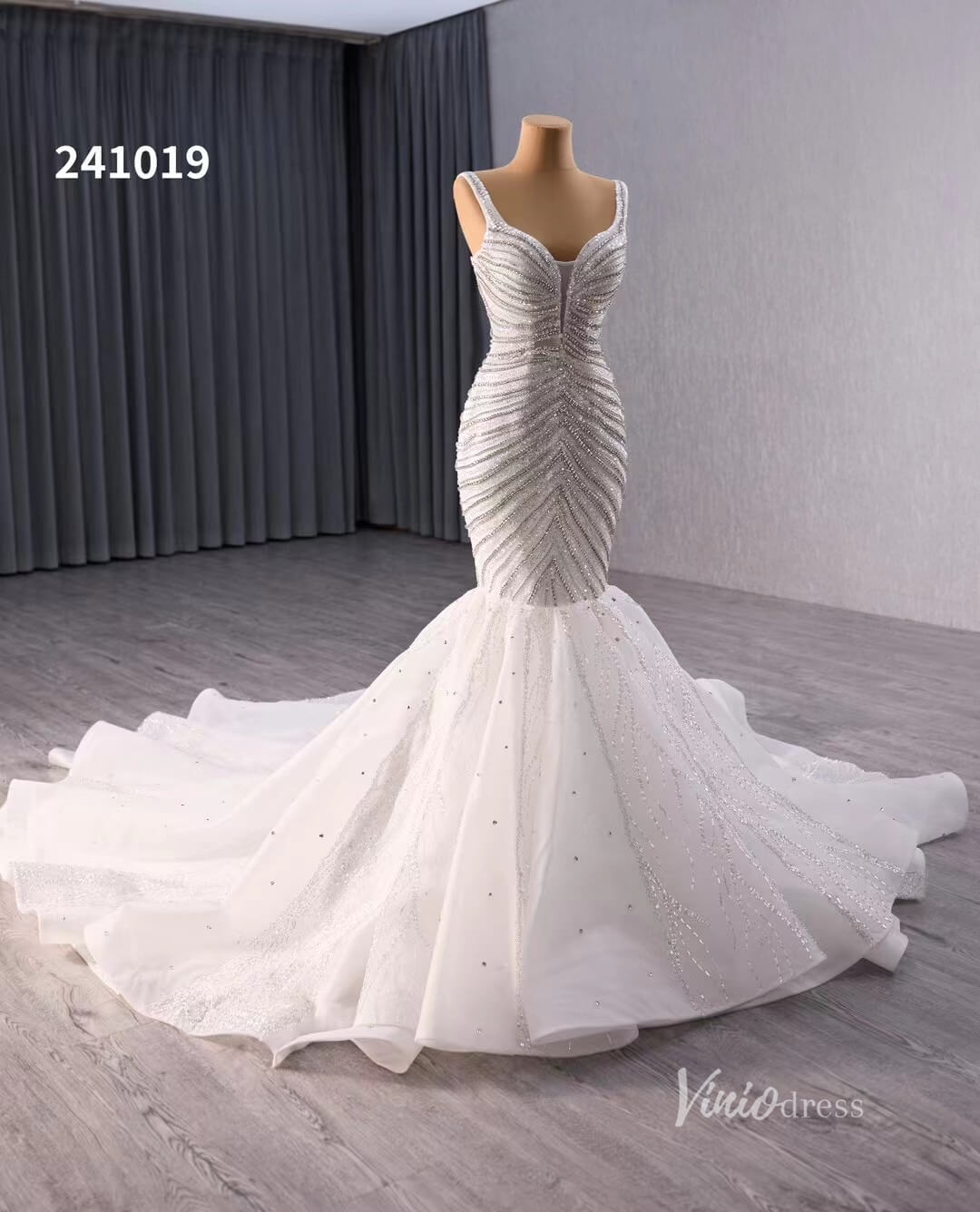 Luxury Beaded Mermaid Wedding Dresses Spaghetti Strap Bridal Gown 241019-wedding dresses 2025 -Viniodress-Champagne-Custom Size-