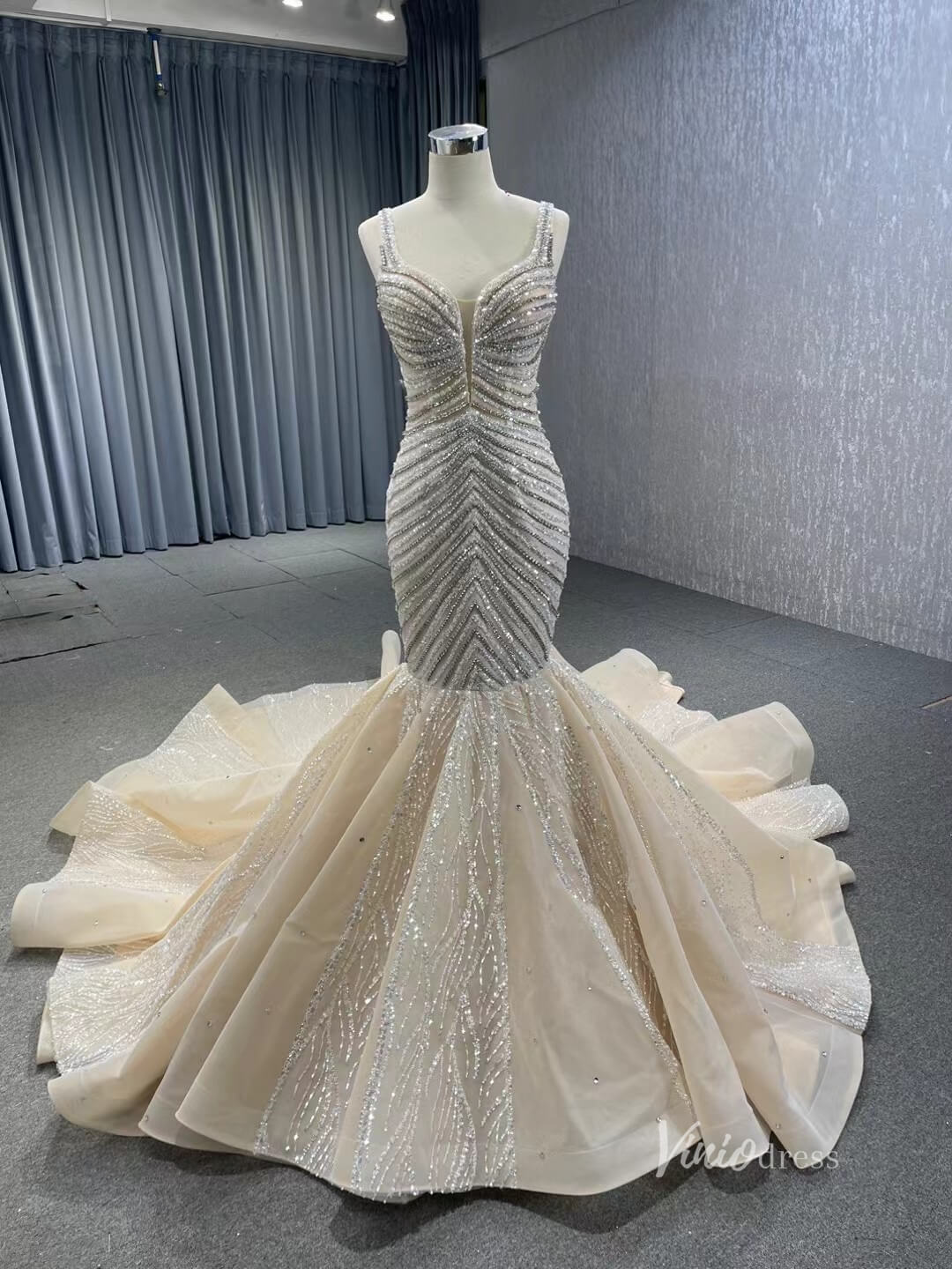 Luxury Beaded Mermaid Wedding Dresses Spaghetti Strap Bridal Gown 241019-wedding dresses 2025 -Viniodress-Champagne-Custom Size-