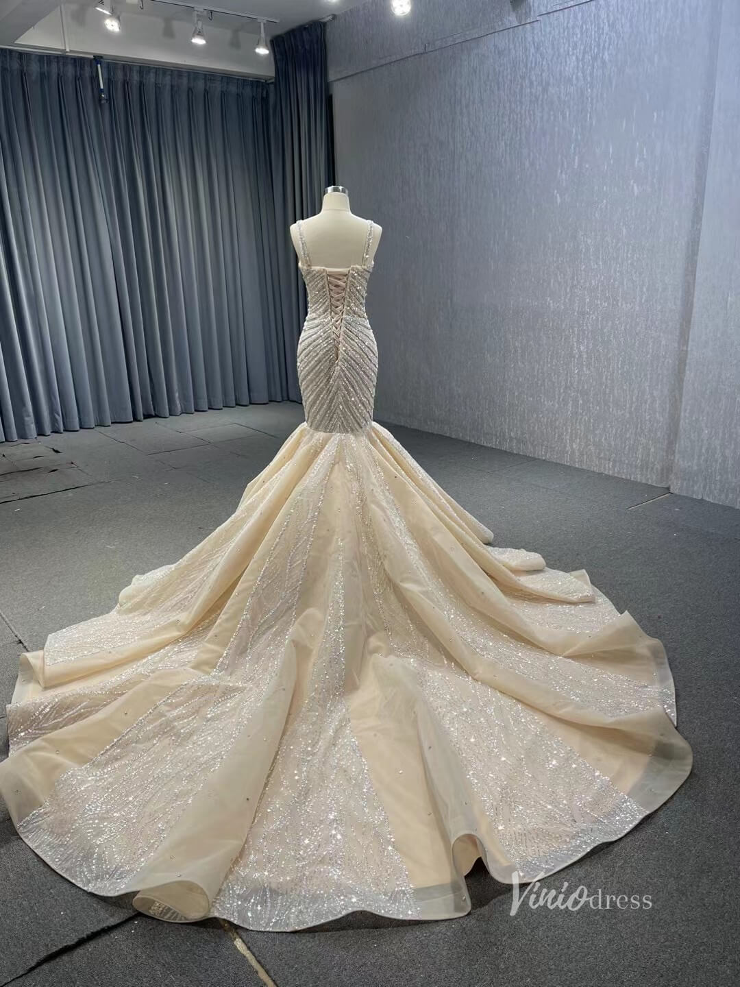 Luxury Beaded Mermaid Wedding Dresses Spaghetti Strap Bridal Gown 241019-wedding dresses 2025 -Viniodress-Champagne-Custom Size-