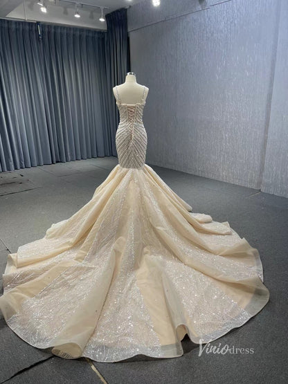 Luxury Beaded Mermaid Wedding Dresses Spaghetti Strap Bridal Gown 241019-wedding dresses 2025 -Viniodress-Champagne-Custom Size-