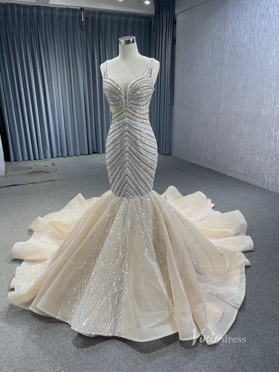 Luxury Beaded Mermaid Wedding Dresses Spaghetti Strap Bridal Gown 241019-wedding dresses 2025 -Viniodress-Champagne-Custom Size-