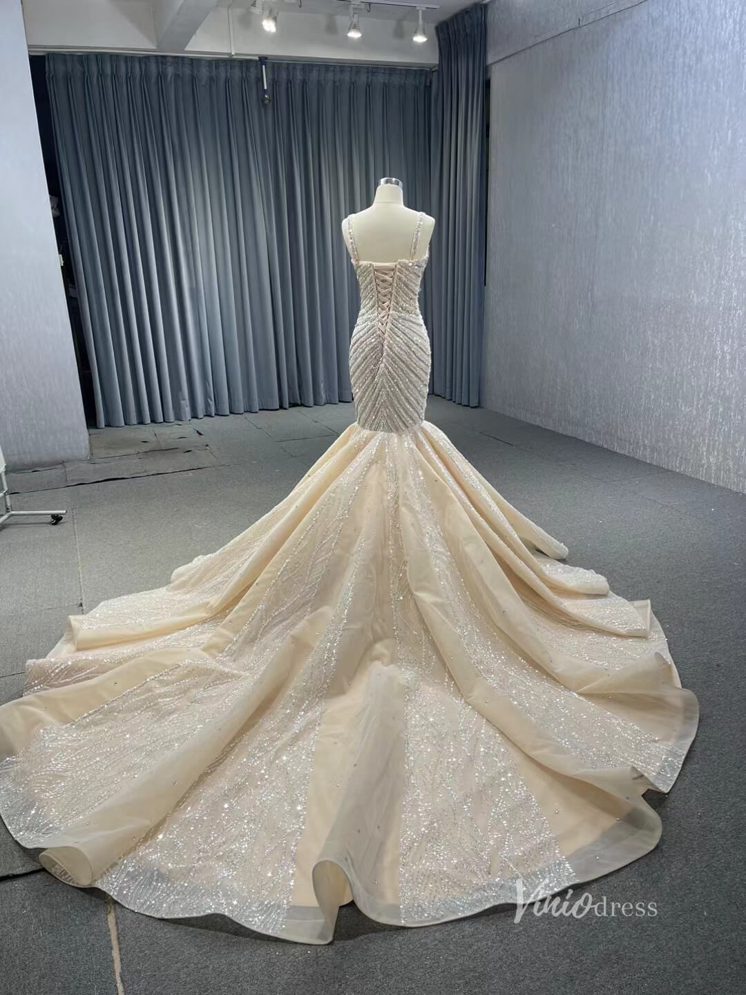 Luxury Beaded Mermaid Wedding Dresses Spaghetti Strap Bridal Gown 241019-wedding dresses 2025 -Viniodress-Champagne-Custom Size-