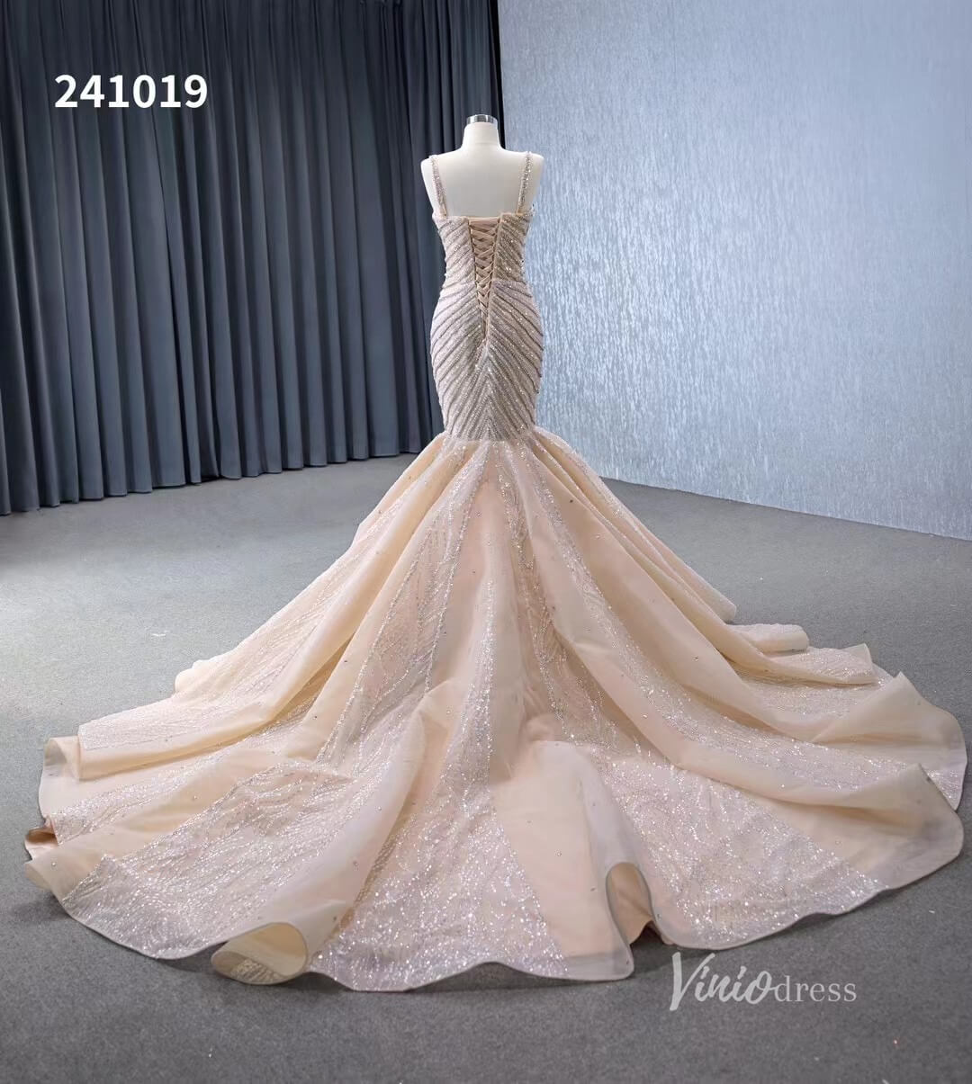 Luxury Beaded Mermaid Wedding Dresses Spaghetti Strap Bridal Gown 241019-wedding dresses 2025 -Viniodress-Champagne-Custom Size-