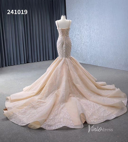 Luxury Beaded Mermaid Wedding Dresses Spaghetti Strap Bridal Gown 241019-wedding dresses 2025 -Viniodress-Champagne-Custom Size-
