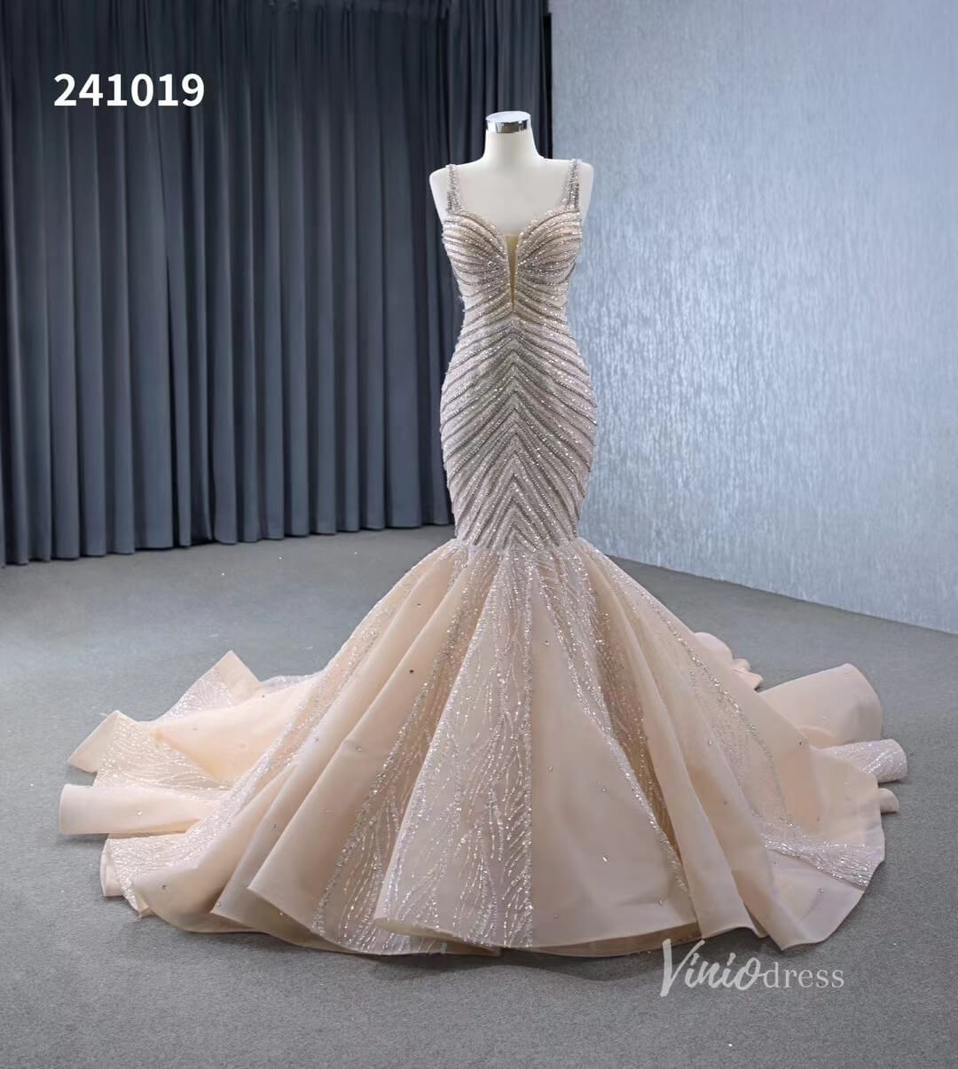 Luxury Beaded Mermaid Wedding Dresses Spaghetti Strap Bridal Gown 241019-wedding dresses 2025 -Viniodress-Champagne-Custom Size-
