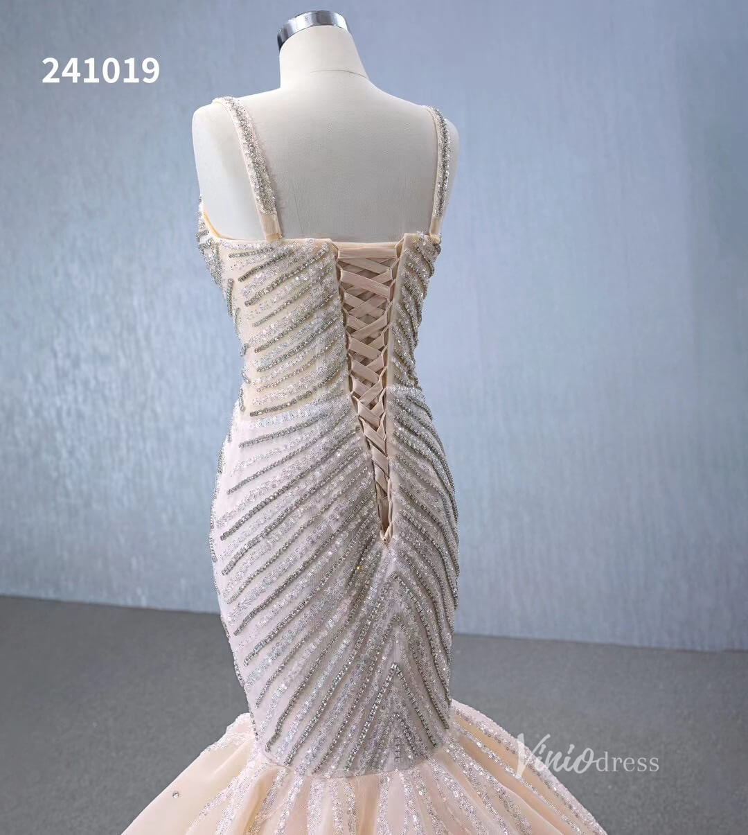 Luxury Beaded Mermaid Wedding Dresses Spaghetti Strap Bridal Gown 241019-wedding dresses 2025 -Viniodress-Champagne-Custom Size-