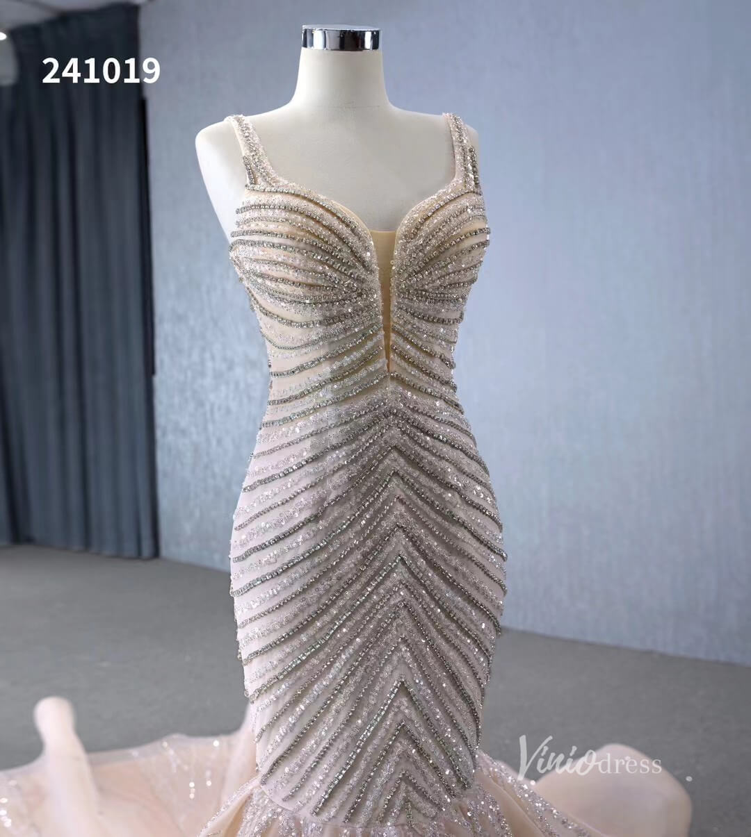 Luxury Beaded Mermaid Wedding Dresses Spaghetti Strap Bridal Gown 241019-wedding dresses 2025 -Viniodress-Champagne-Custom Size-