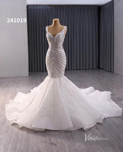 Luxury Beaded Mermaid Wedding Dresses Spaghetti Strap Bridal Gown 241019-wedding dresses 2025 -Viniodress-Champagne-Custom Size-