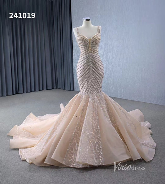 Luxury Beaded Mermaid Wedding Dresses Spaghetti Strap Bridal Gown 241019-wedding dresses 2025 -Viniodress-Champagne-Custom Size-
