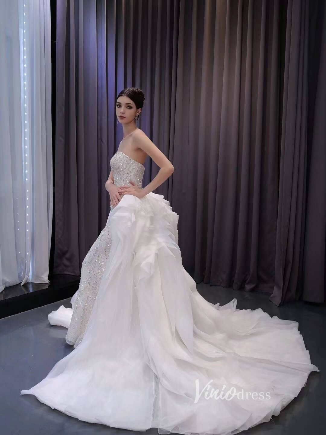 Luxury Beaded Mermaid Wedding Dresses with Ruffle Overskirt Train 222233-wedding dresses 2025 -Viniodress-Ivory-Custom Size-