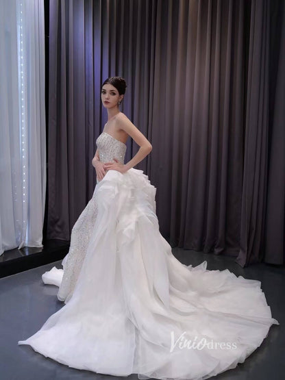 Luxury Beaded Mermaid Wedding Dresses with Ruffle Overskirt Train 222233-wedding dresses 2025 -Viniodress-Ivory-Custom Size-