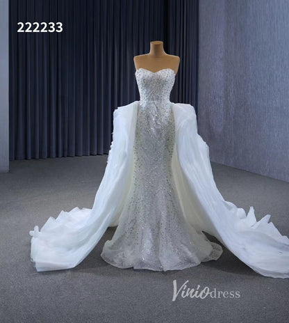 Luxury Beaded Mermaid Wedding Dresses with Ruffle Overskirt Train 222233-wedding dresses 2025 -Viniodress-Ivory-Custom Size-