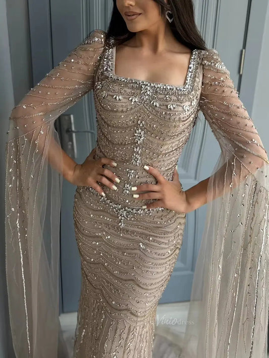 Luxury Beaded Nude Prom Dresses Mermaid Cape Sleeve Formal Dresses Square Neck BD029-Evening Dresses 2025 -Viniodress-Nude-US 2-