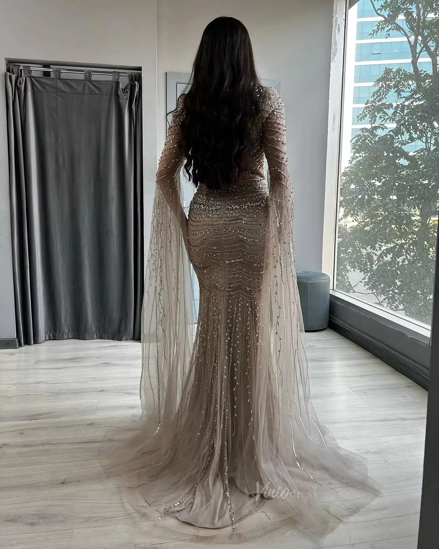 prom dresses 2025 Luxury Beaded Nude Prom Dresses Mermaid Cape Sleeve Formal Dresses Square Neck BD029-plus size wedding dresses Viniodress-Nude-US 2-