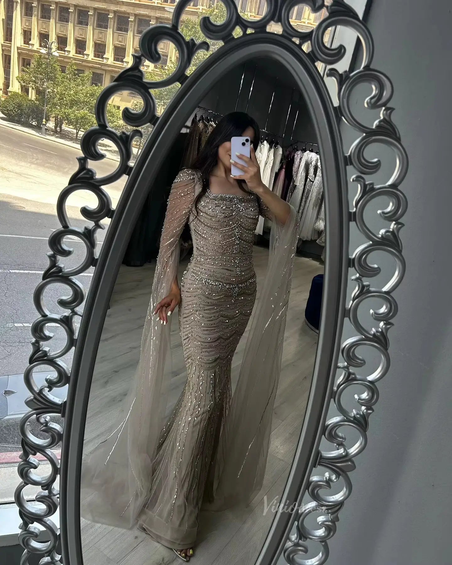 prom dresses 2025 Luxury Beaded Nude Prom Dresses Mermaid Cape Sleeve Formal Dresses Square Neck BD029-plus size wedding dresses Viniodress-Nude-US 2-