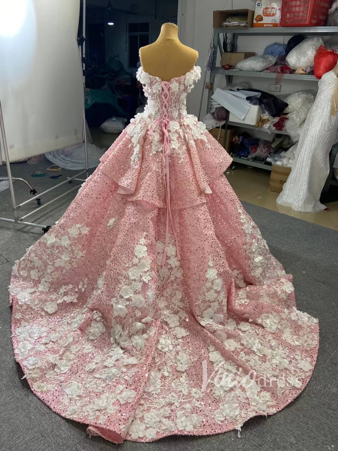 Luxury Beaded Pink Cinderella Ball Gown Sweet 15 Dress 66878 viniodress-Quinceanera Dresses 2025 -Viniodress-Pink-Custom Size-