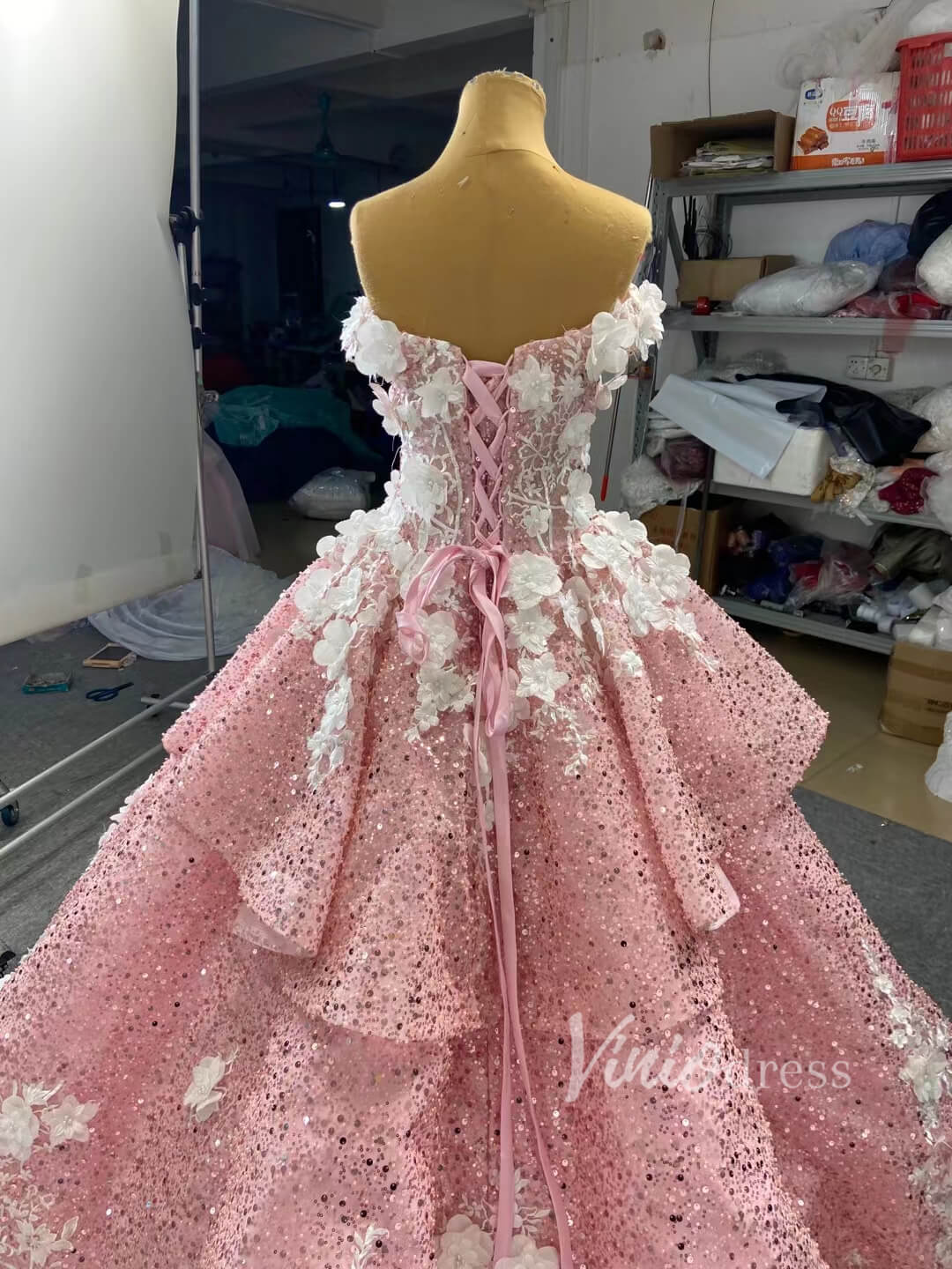 Luxury Beaded Pink Cinderella Ball Gown Sweet 15 Dress 66878 viniodress-Quinceanera Dresses 2025 -Viniodress-Pink-Custom Size-