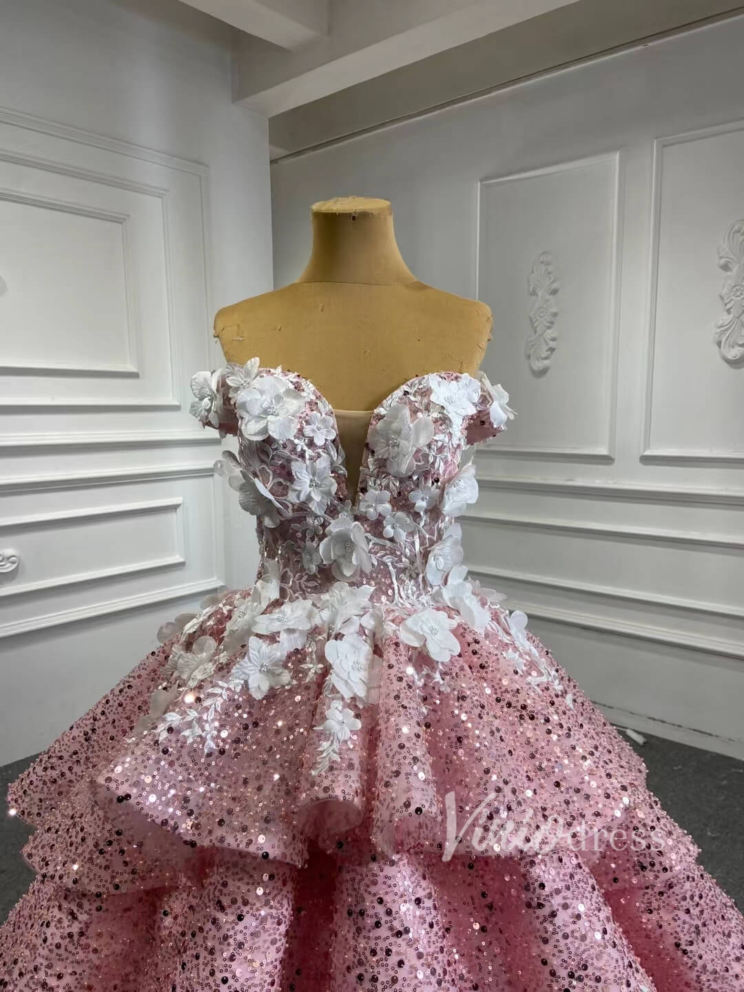 Luxury Beaded Pink Cinderella Ball Gown Sweet 15 Dress 66878 viniodress-Quinceanera Dresses 2025 -Viniodress-Pink-Custom Size-