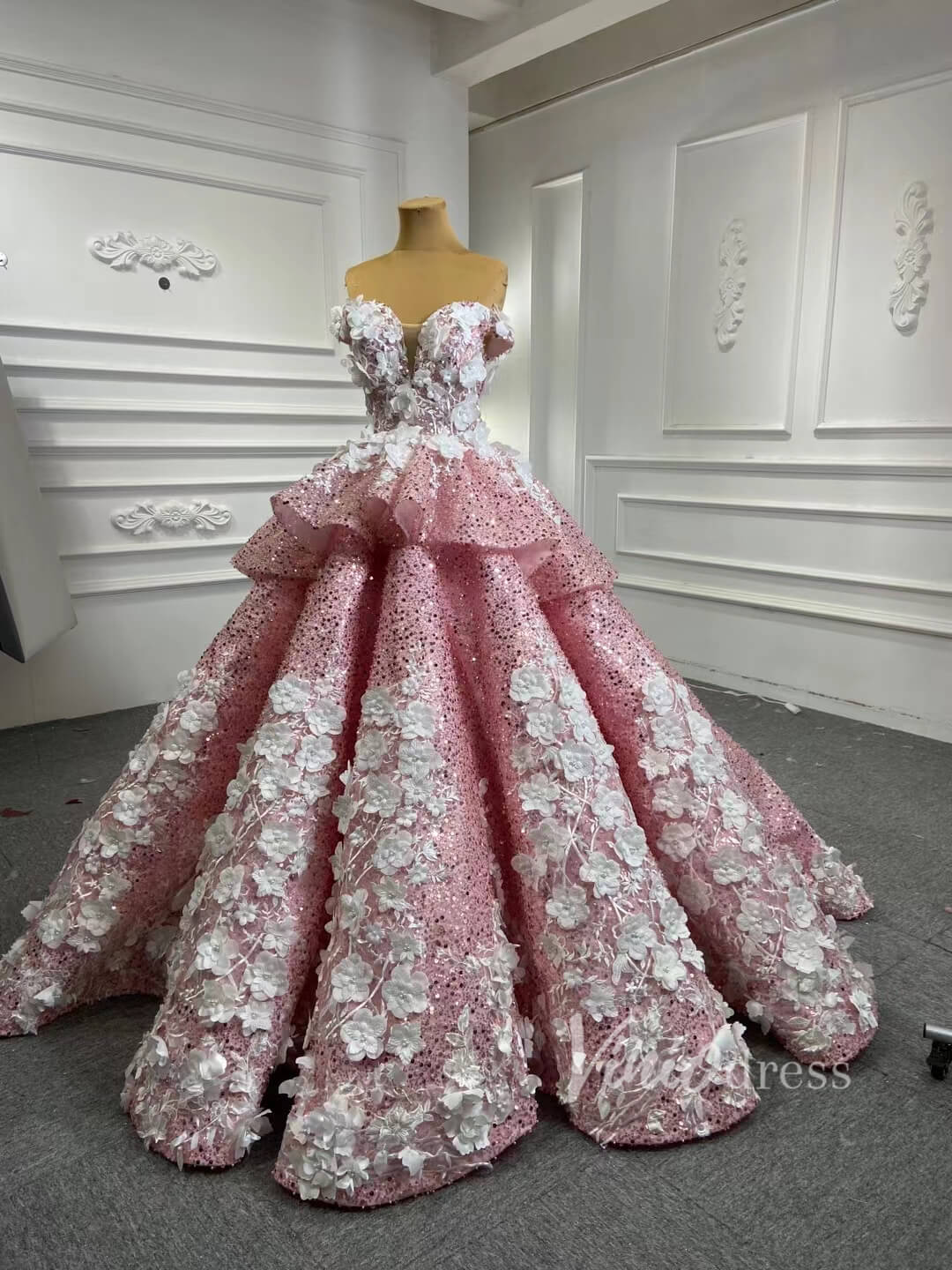 Prom Dress 2025 Luxury Beaded Pink Cinderella Ball Gown Sweet 15 Dress 66878 viniodress-unique Quinceanera Dresses-Pink-Custom Size-Viniodress