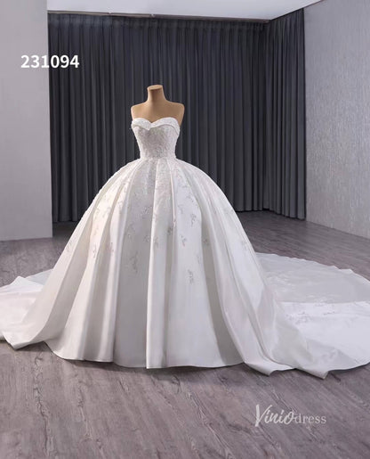 Luxury Beaded Satin Wedding Dresses Strapless Bridal Gown Cathedral Train Corset Back 231094-wedding dresses 2025 -Viniodress-Ivory-Custom Size-