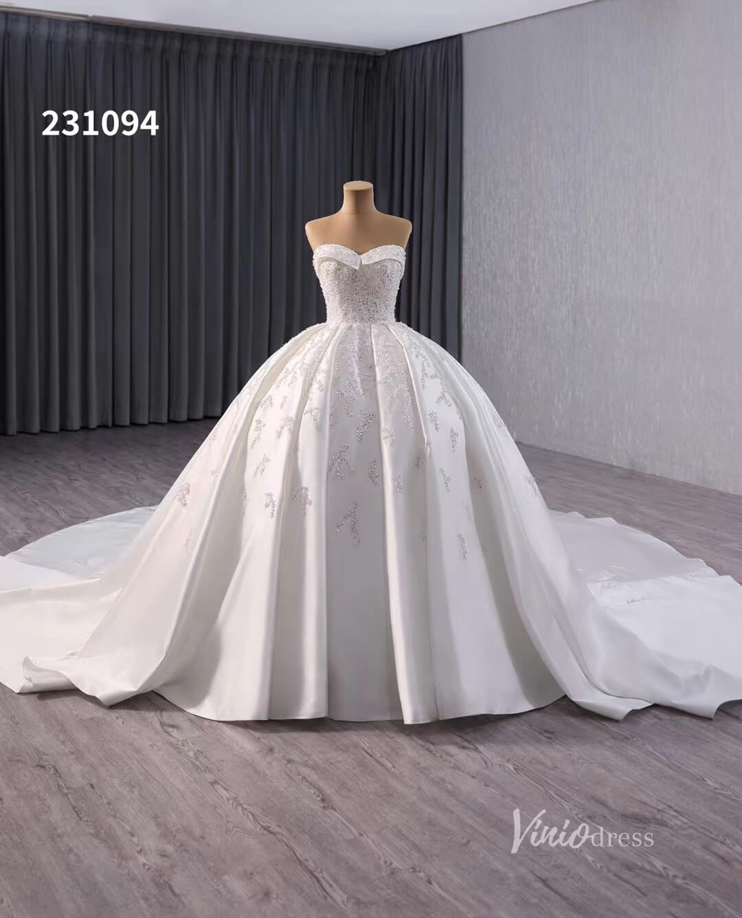 Luxury Beaded Satin Wedding Dresses Strapless Bridal Gown Cathedral Train Corset Back 231094-wedding dresses 2025 -Viniodress-Ivory-Custom Size-