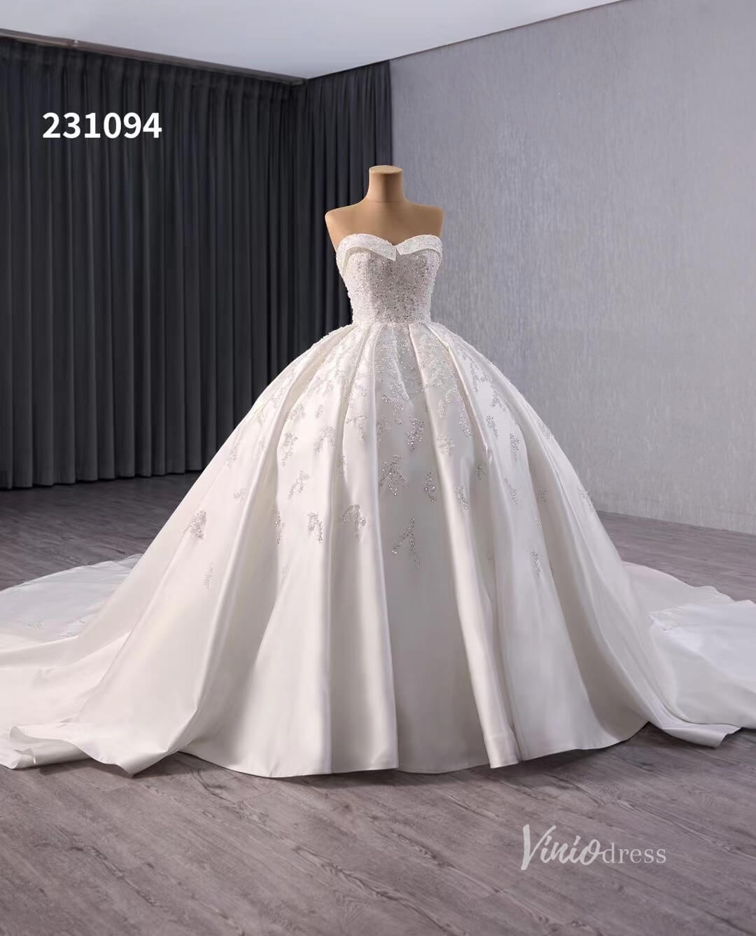 Luxury Beaded Satin Wedding Dresses Strapless Bridal Gown Cathedral Train Corset Back 231094 - Viniodresswedding dressesIvoryCustom Size - Formal Dresses - Ball Gowns